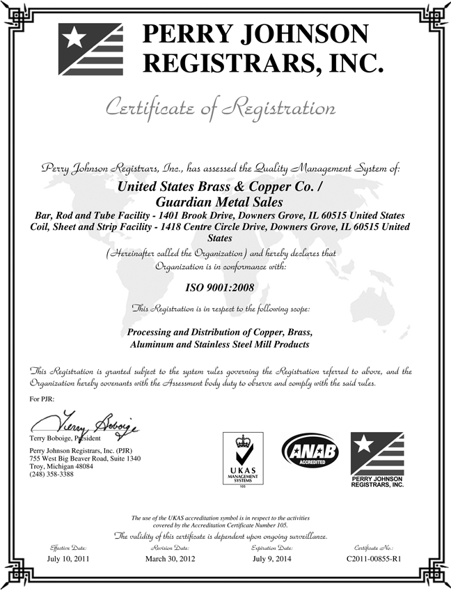I S O Certificate 2011 2014 US Brass Copper US Brass Copper